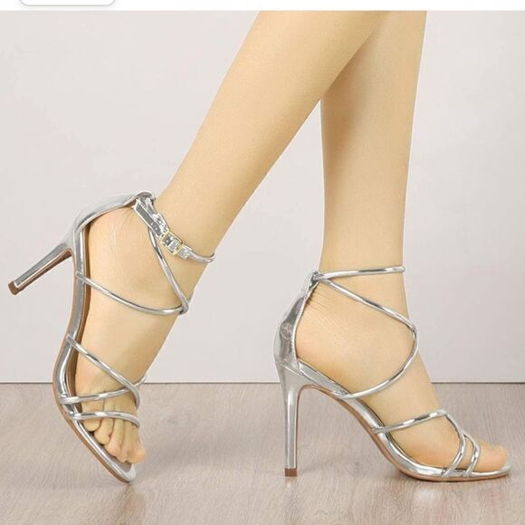 Allegra K Silver Open Toe Ankle Strappy Stiletto Heel Sandals Holiday Party Shoe - Picture 11 of 15